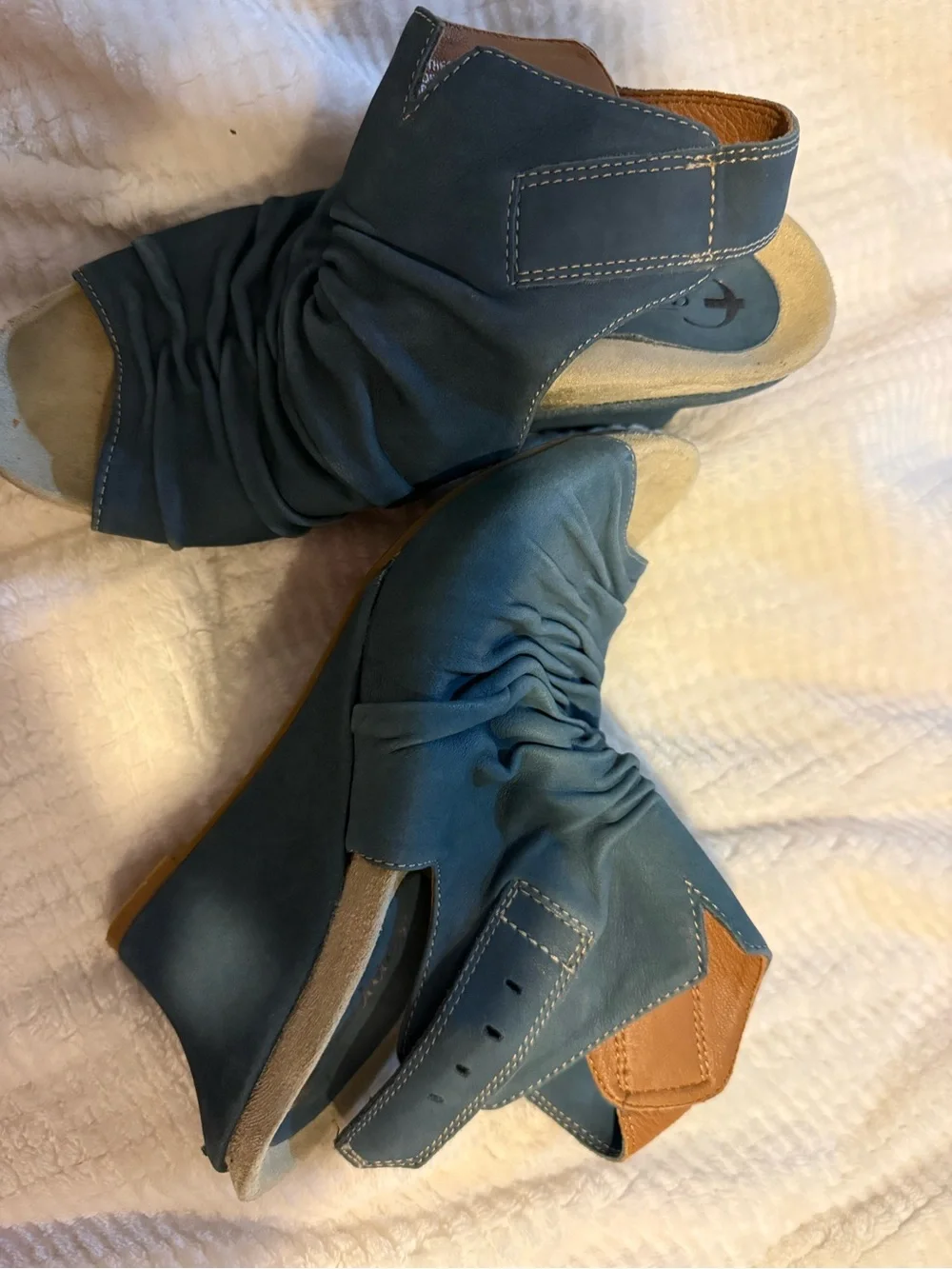 Comfortable Blue and Tan Leather Women’s Wedge Sandals